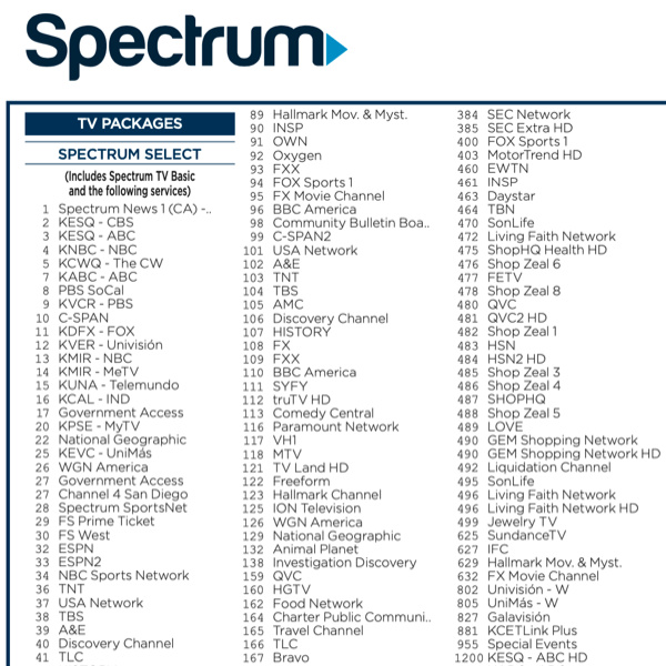 spectrum tv stream live channel list